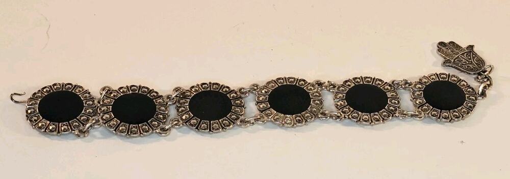 Vintage Souvenir Du Maroc Ornate Silver Bracelet w/Black Circles 8-9"